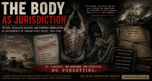 Forensic banner showing Punjab 1984–1996 torture, missing records, illegal cremations, bound detainee, grieving woman, and state-erasure files.