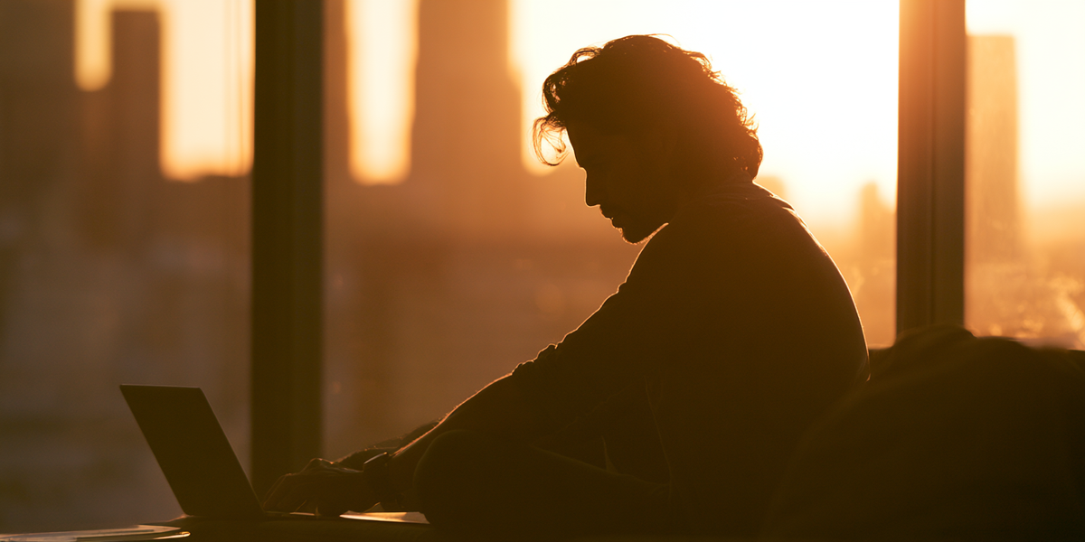 Emprendedor latino trabajando en laptop con vista a la ciudad al atardece