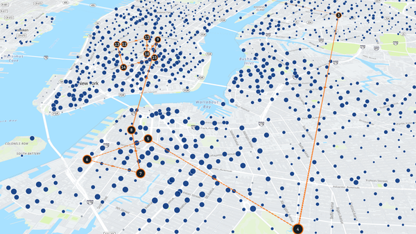 The reconstructed path of a single Citi e-bike over its last 15 stops, numbered in order.