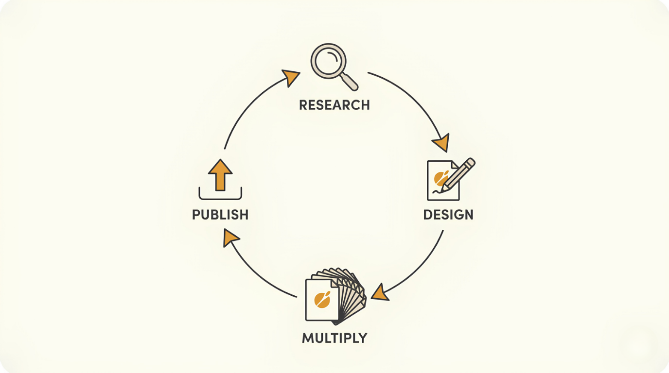 Print on demand on autopilot shown as a loop, research design multiply publish, repeating to scale the catalog