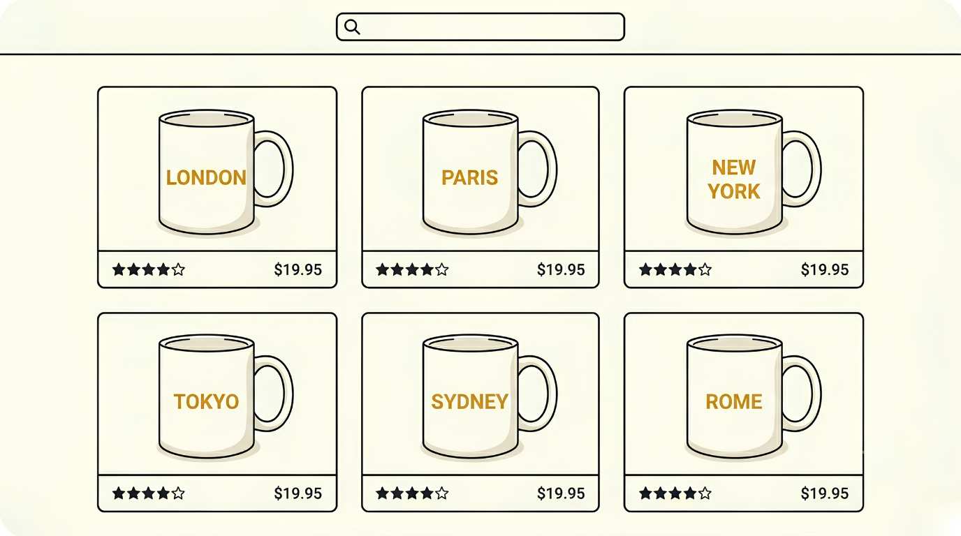 Print on demand store listing grid showing one mug in many city designs, each priced $19.95