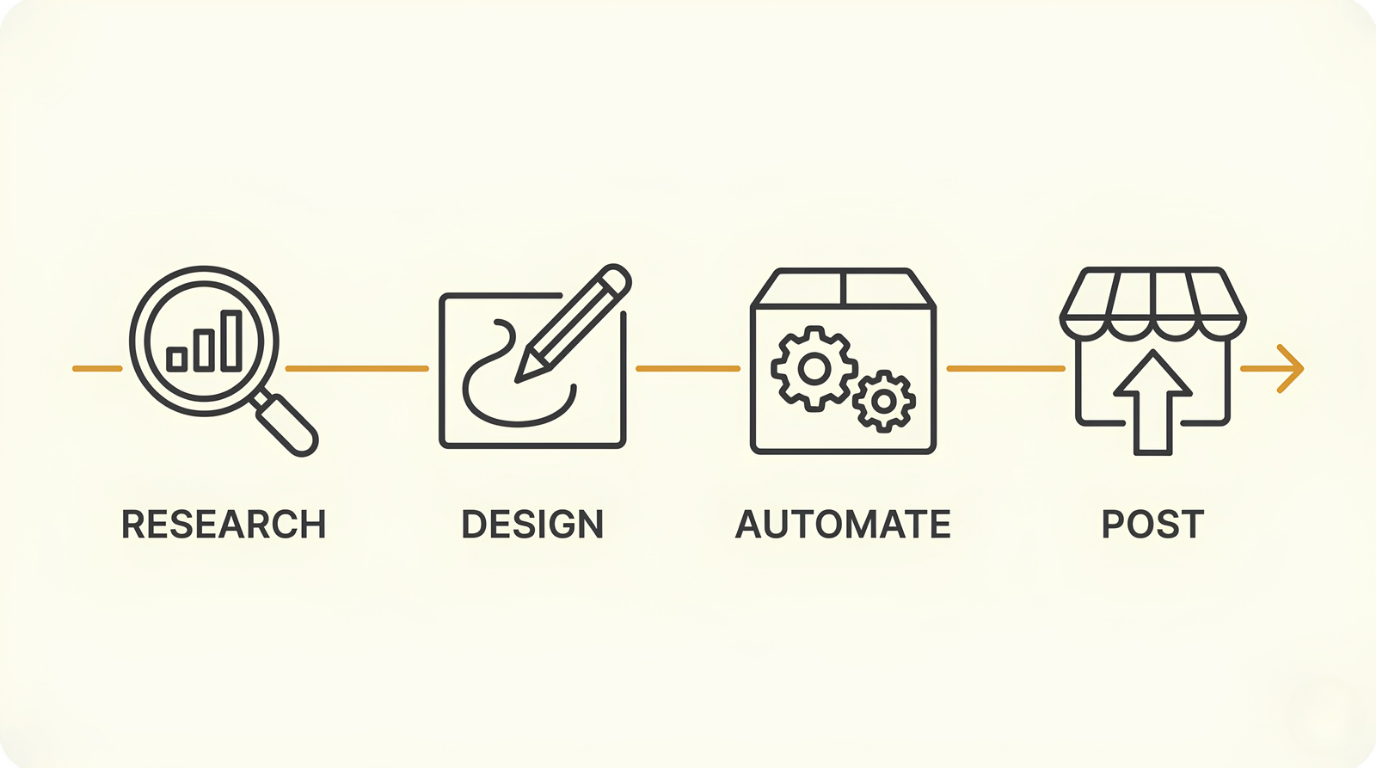 The four steps of the print on demand system: research, design, automate and post