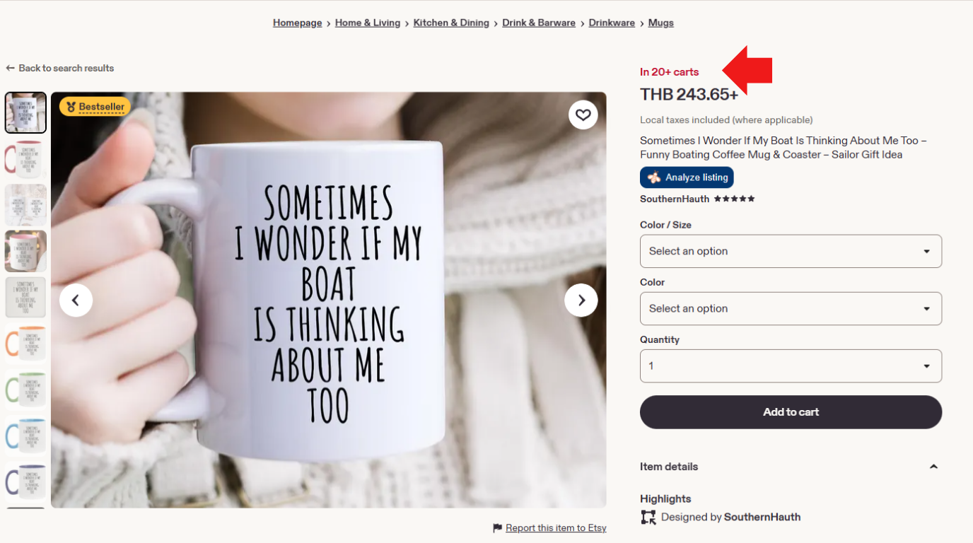 Etsy listing showing sold and in-cart demand signals before making a print on demand product.