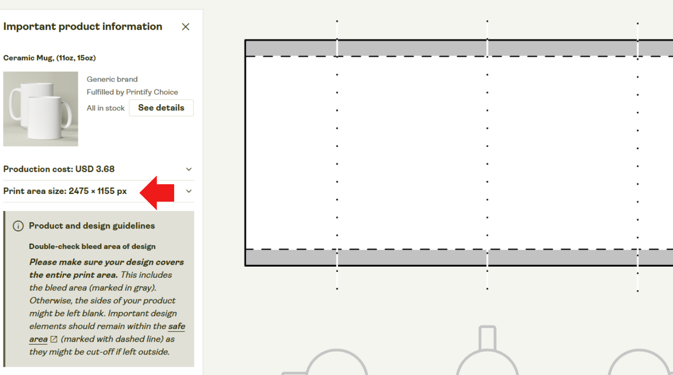 Printify Start Designing screen showing the print area size for a print on demand mug.