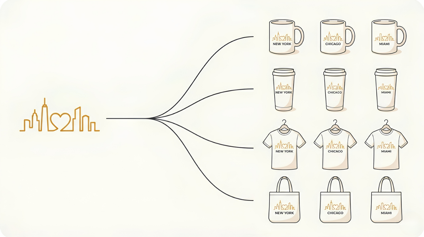 One print on demand design turned into city variants across mugs, tumblers, shirts and tote bags