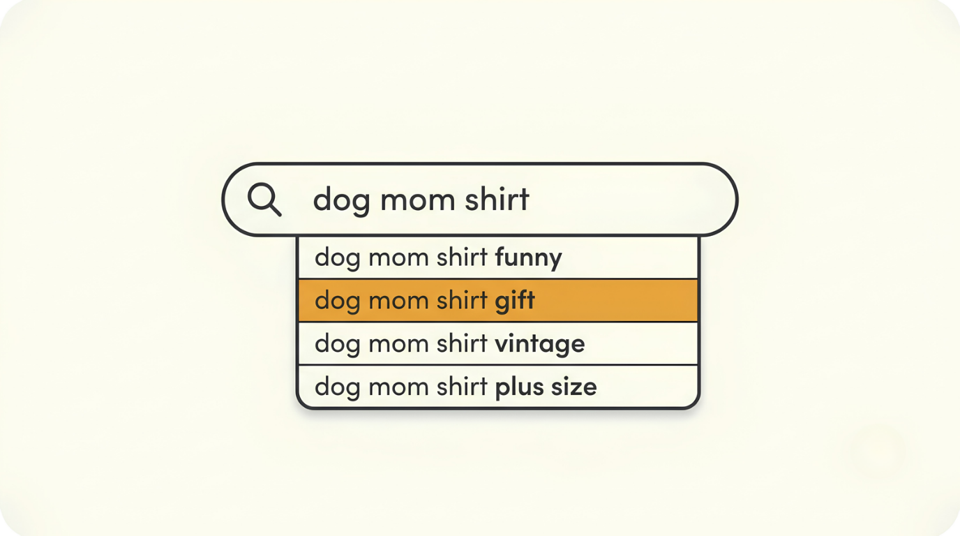 Marketplace search bar autofill used to find print on demand keywords for a listing