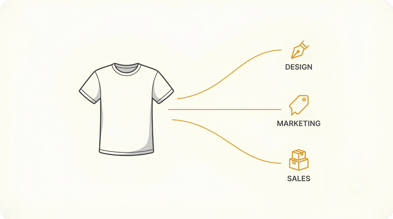 One t-shirt with three gold routes branching to design, marketing, and sales, showing different ways to stand out in a saturated print on demand market