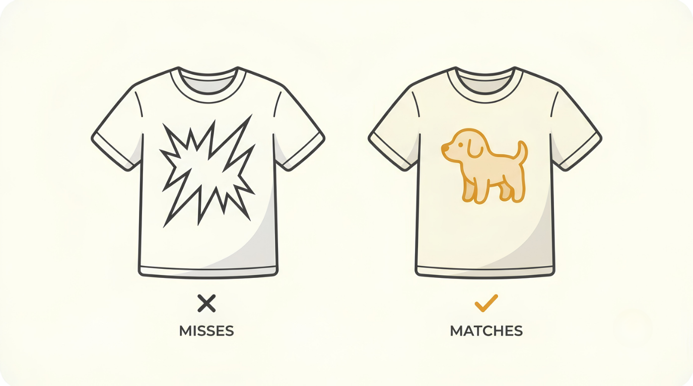 Two print on demand shirt designs showing how a matching look wins the click over a mismatched one