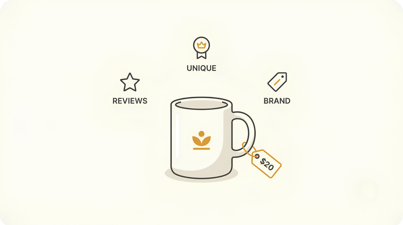 A print on demand mug with a price tag backed by reviews, unique design, and brand signals
