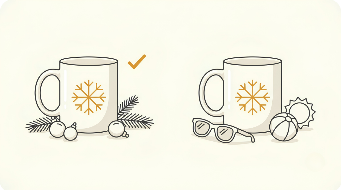 The same mug design shown in a Christmas setting and a summer setting, matching a print on demand mockup to the season