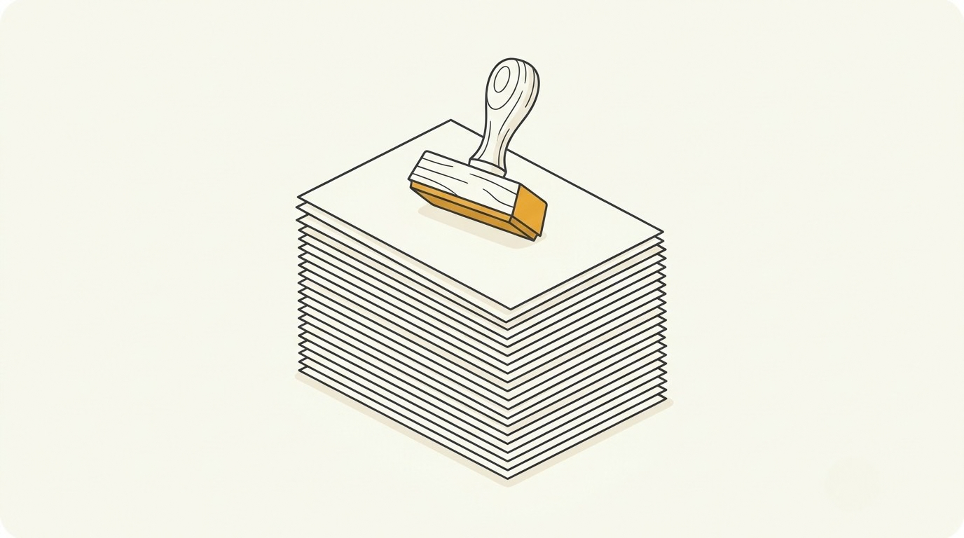 One stamp pressing a tall stack of identical pages, showing how one spreadsheet edit updated every print on demand listing at once