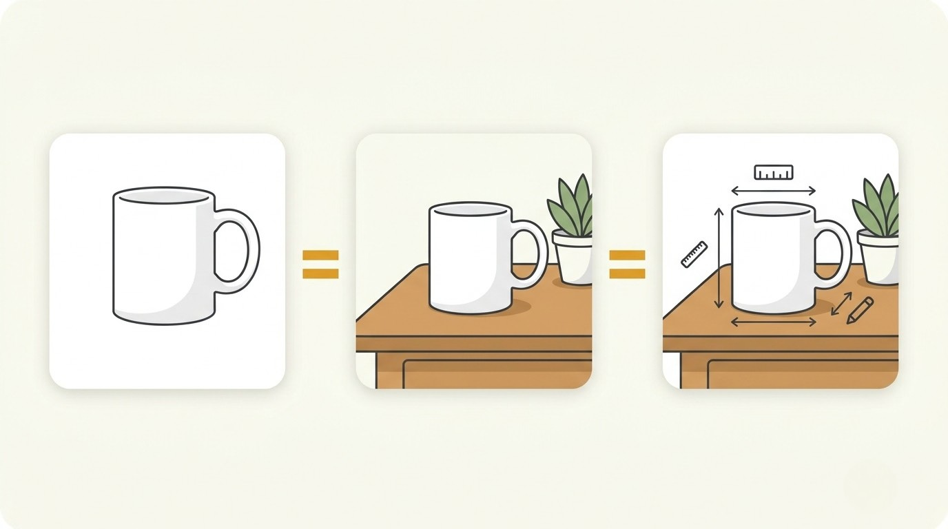 Three versions of the same mug listing with equals signs between them, showing image tests did not change my print on demand conversion rate