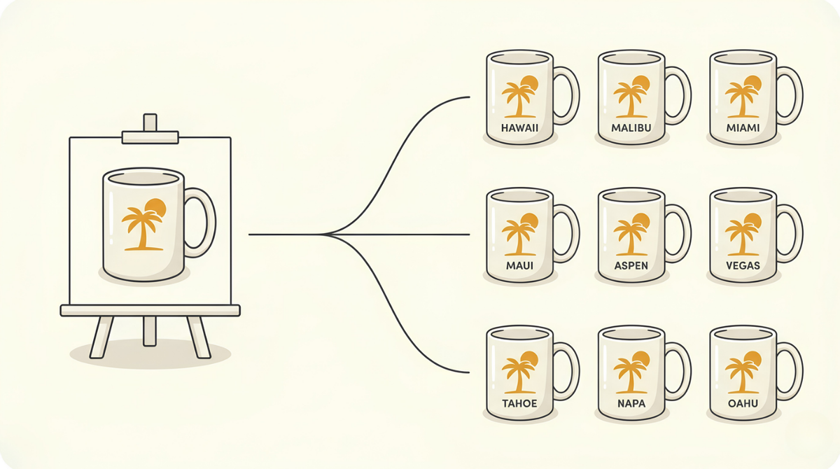 Making a first print on demand product: one master design multiplying into nine mugs, each with a different city name.