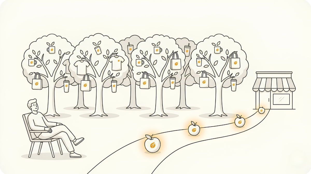 Print on demand business running on autopilot, an orchard of trees bearing products that ship on their own