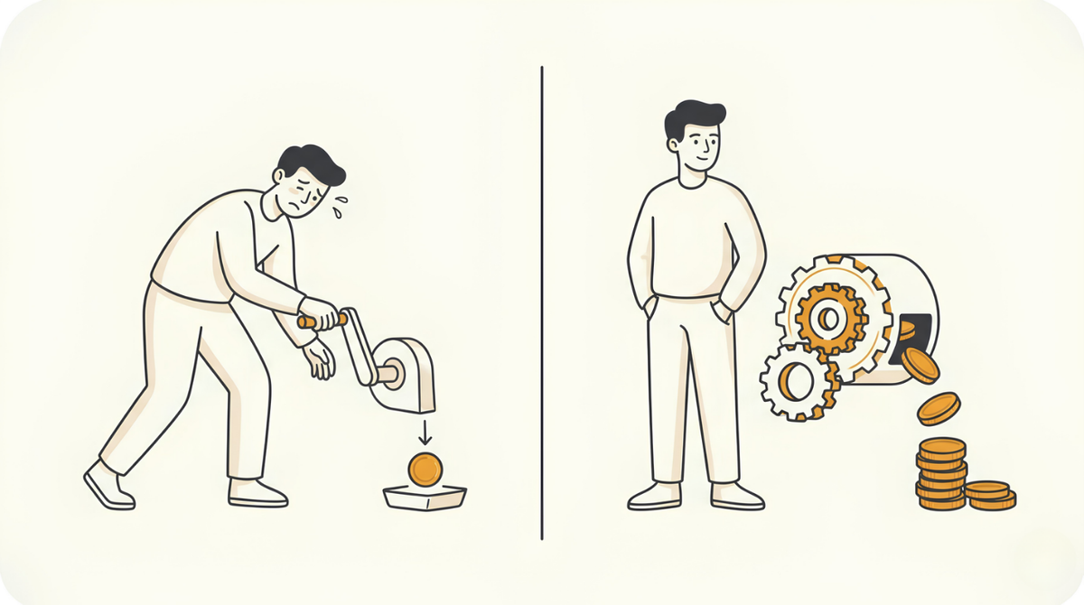 Illustration contrasting working for money with a print on demand system that earns on its own