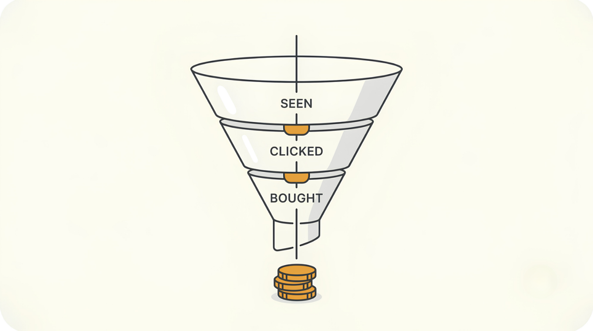 Sealed sales funnel showing how to get print on demand sales through seen, clicked, and bought