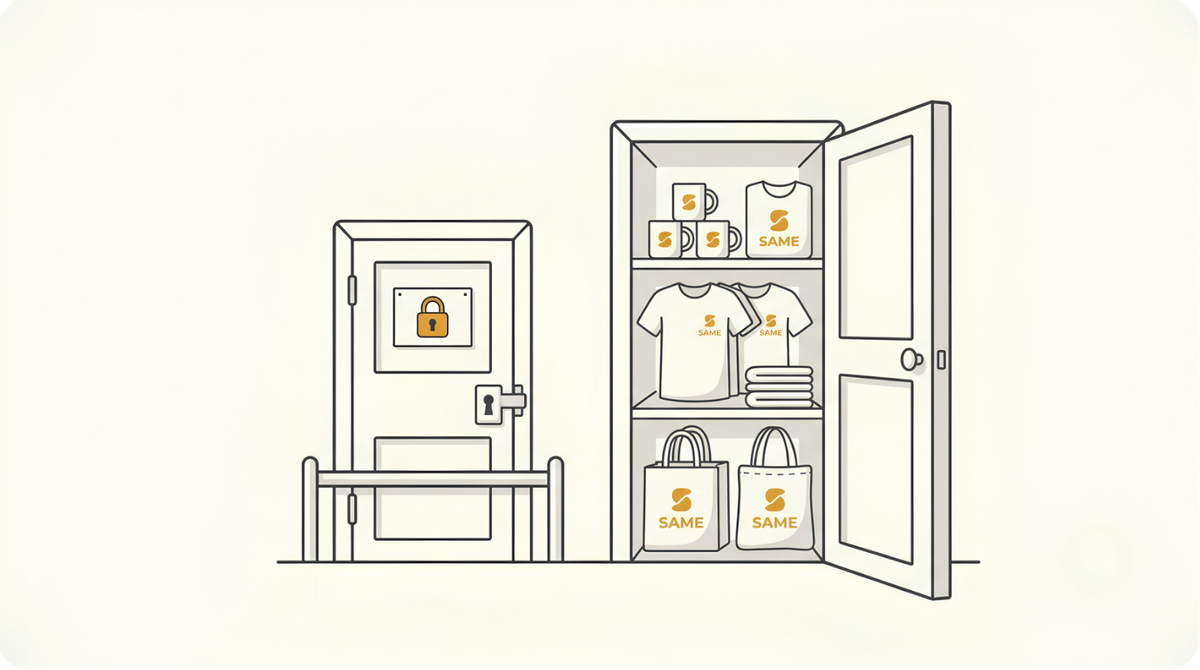 Two doors showing Amazon Merch on Demand vs Seller Central, one locked and one open to unlimited print on demand products