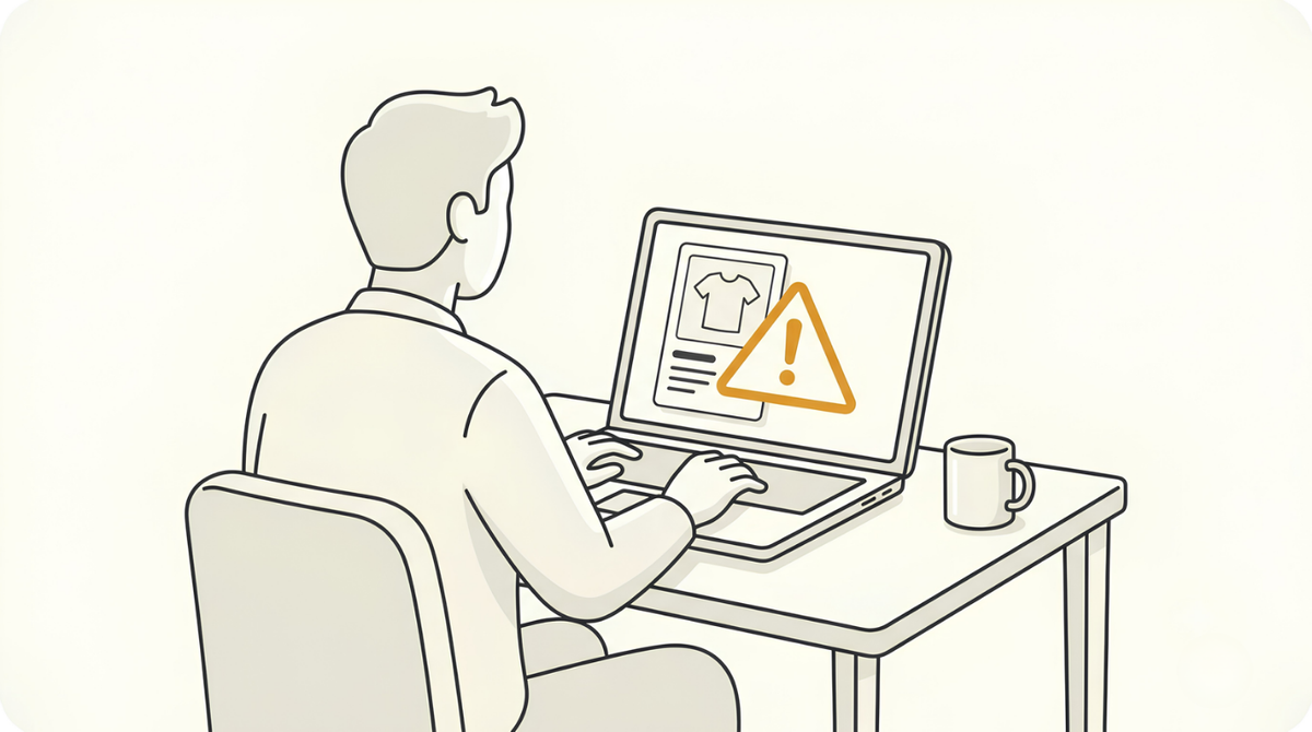 Seller at a laptop seeing a warning notice after an Amazon listing was removed for trademark infringement