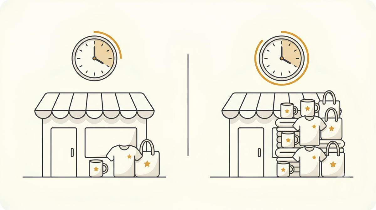 Two clocks above two shop fronts, one with a few products and one with a tall stack, showing how long it takes to make sales on print on demand