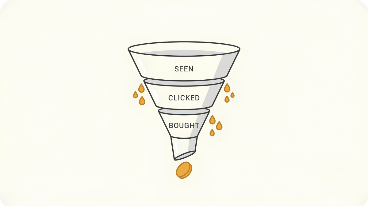 Three-stage funnel showing where a print on demand listing loses sales, from seen to clicked to bought