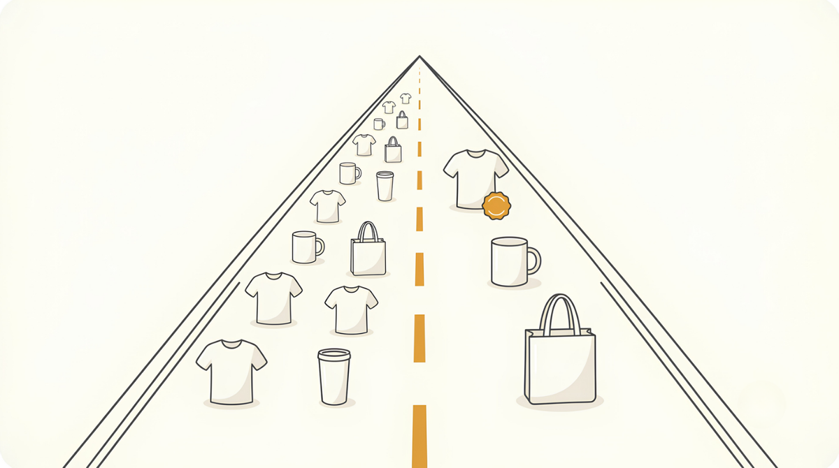 Two-lane road illustration comparing Amazon FBM vs FBA for print on demand, one lane with many small products and one with a few Prime-badged products