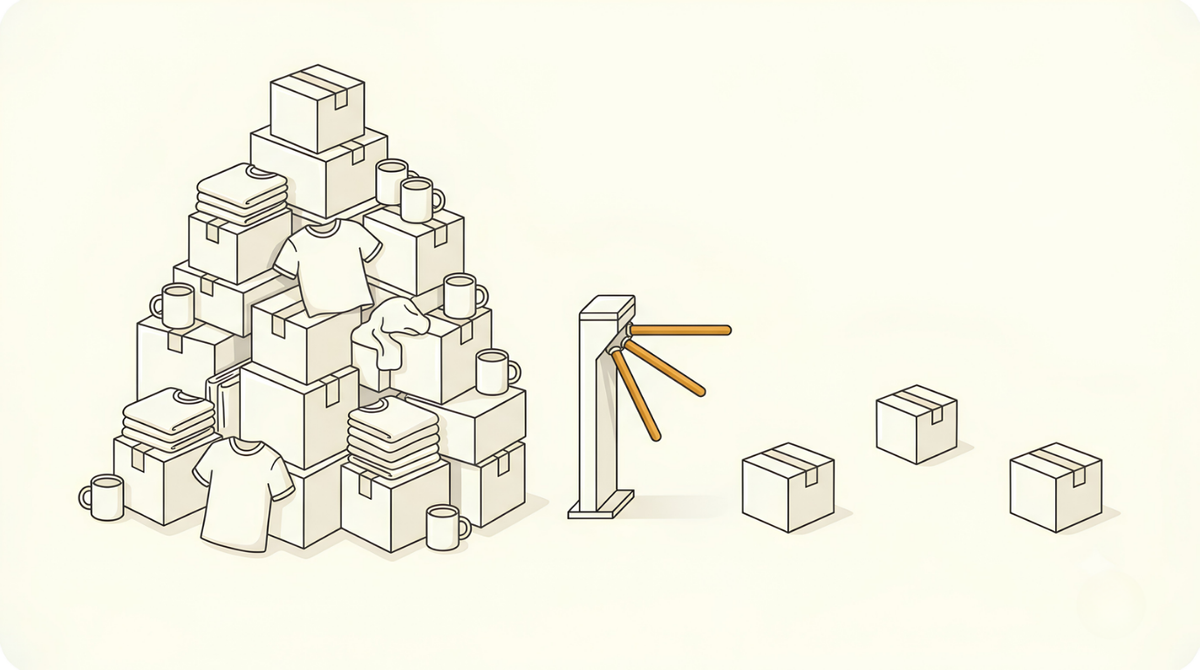 A huge pile of products behind a narrow turnstile with only three getting through, showing the Amazon seller listing limit