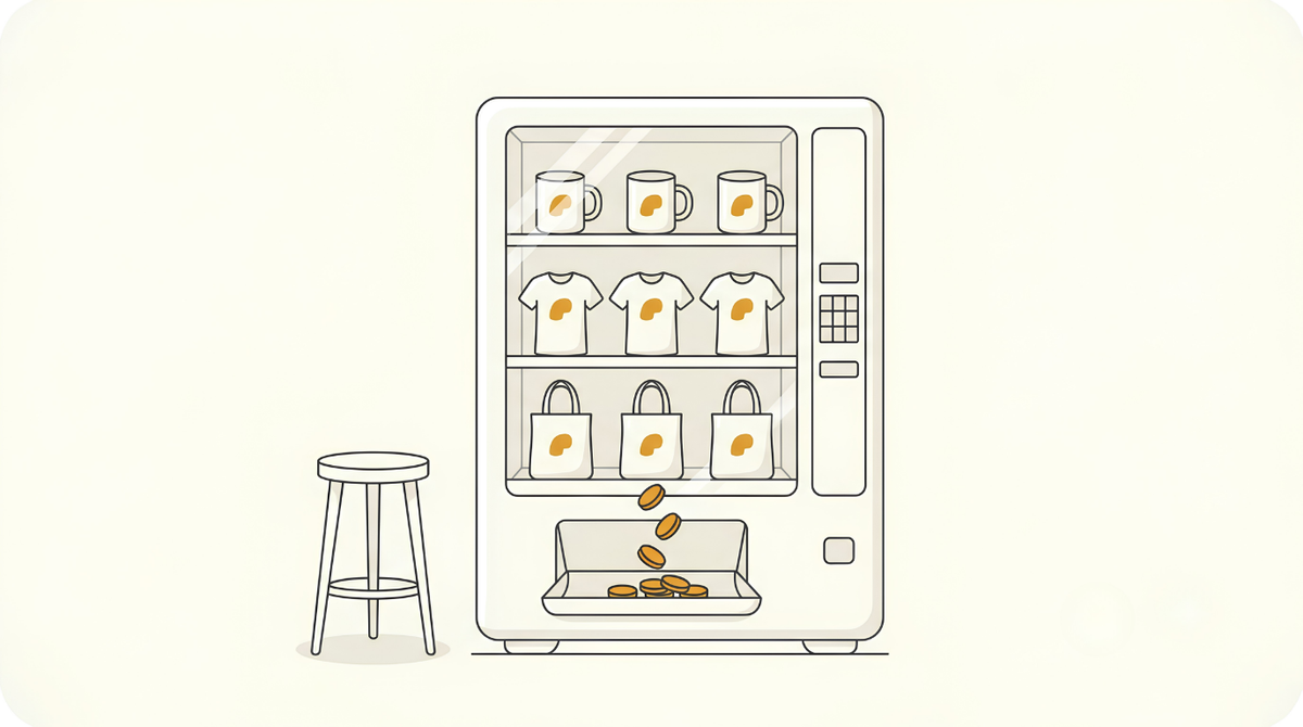 An unattended vending machine still dropping coins into its tray, showing print on demand as passive income that keeps paying with nobody working it