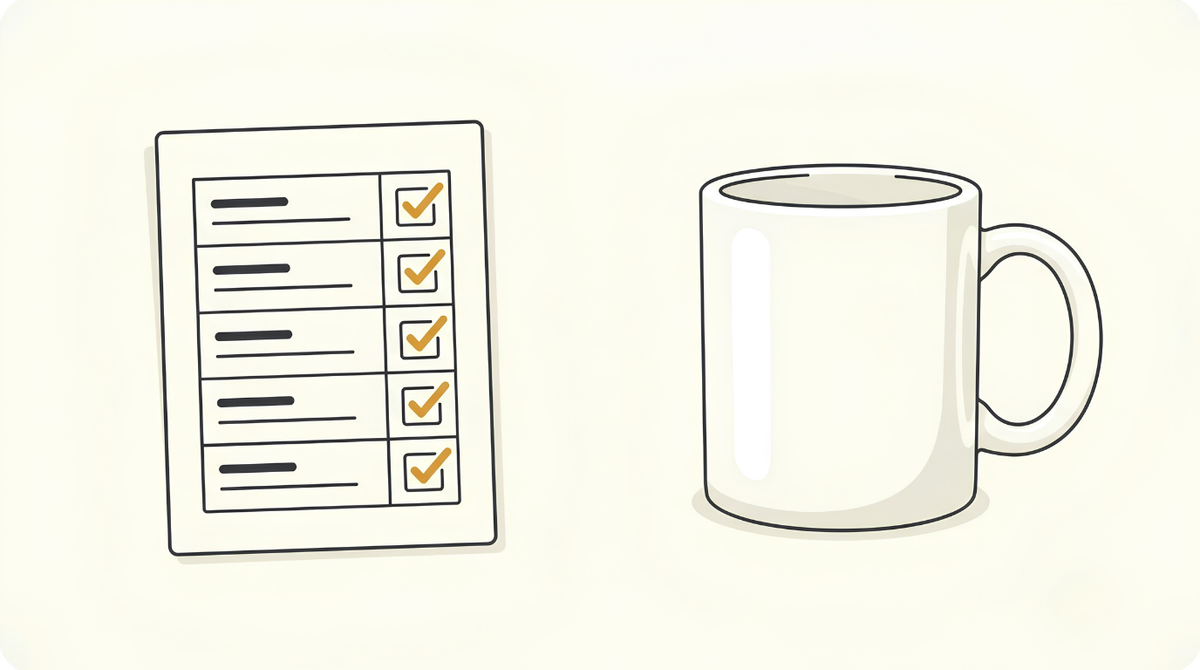 A spreadsheet with every box ticked beside a completely blank mug, showing why you cannot validate a print on demand niche