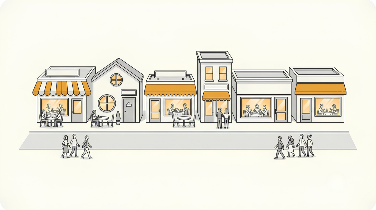 A street lined with busy restaurants, every one full of diners, showing why Etsy is still worth it in 2026 even with more sellers