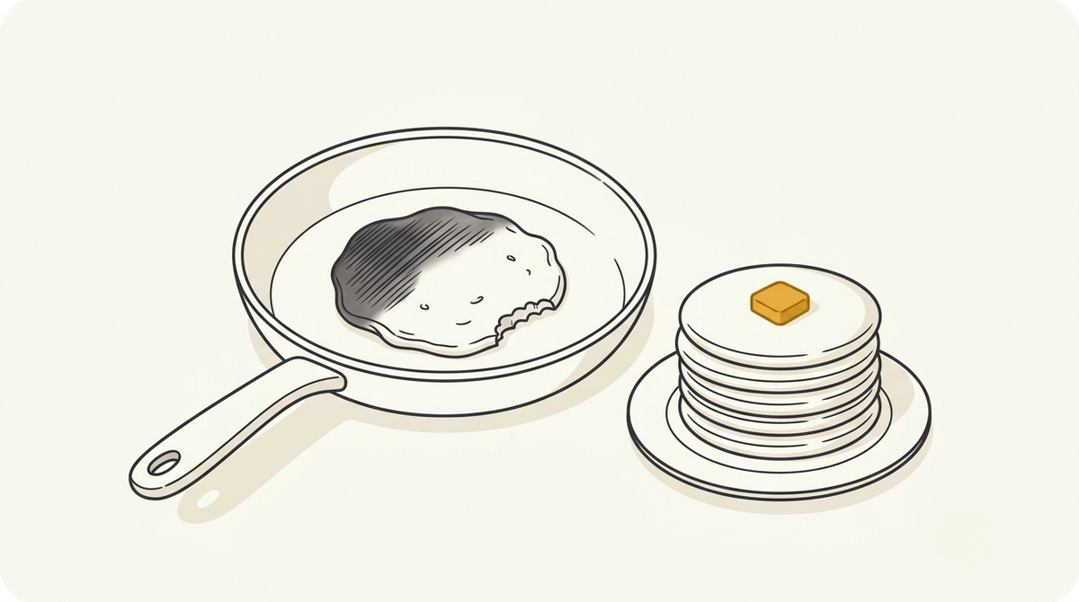 A burnt first pancake in a pan beside a stack of good ones, showing my first print on demand batch on Amazon was rough but worth posting