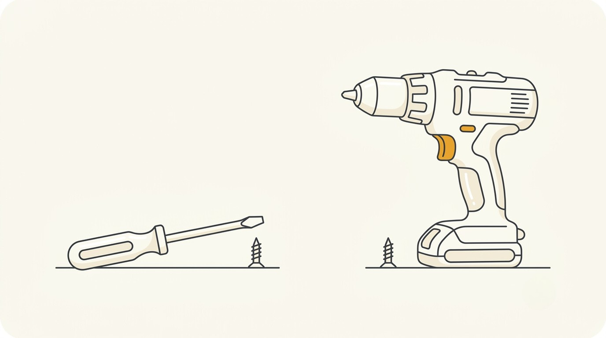A hand screwdriver beside a power drill, showing the first workflow upgrade that let more listings mean more sales in print on demand