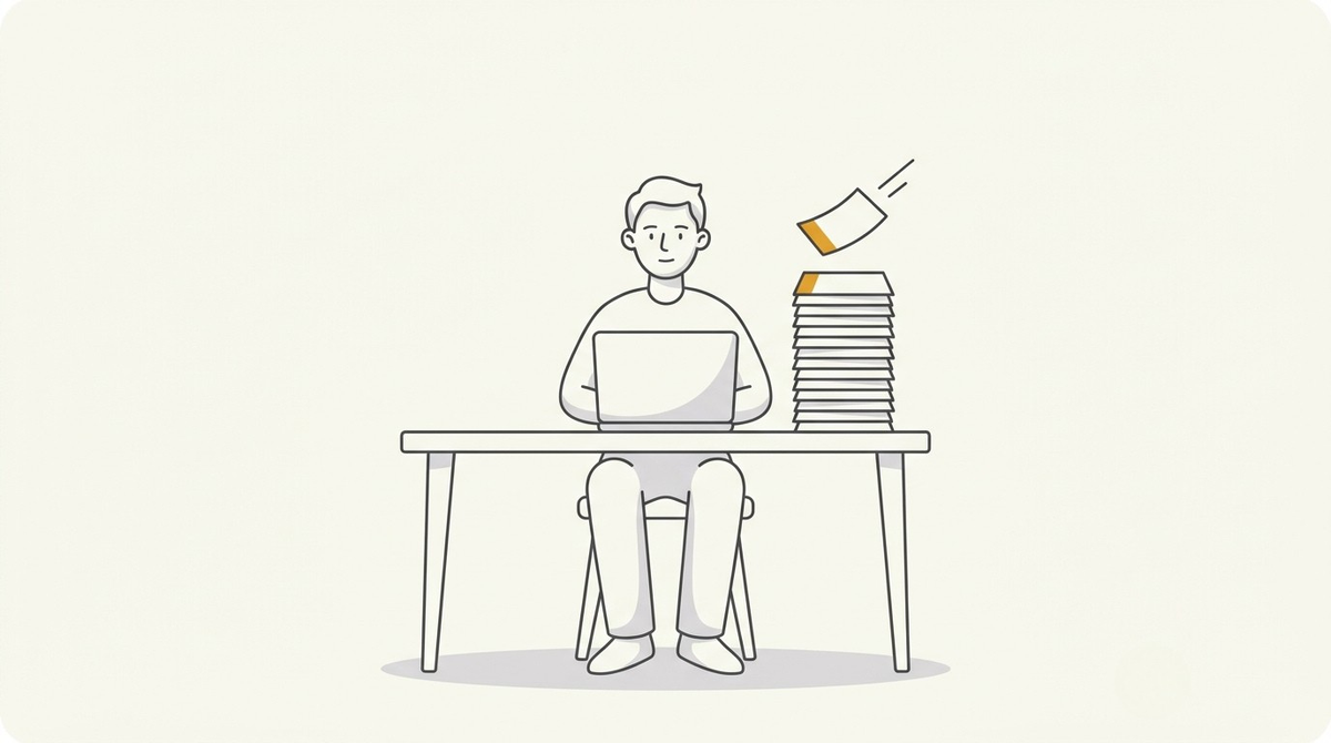 A seller at a desk beside a tall pile of notice slips, showing the Amazon repeat violations for suspected intellectual property that got my account deactivated