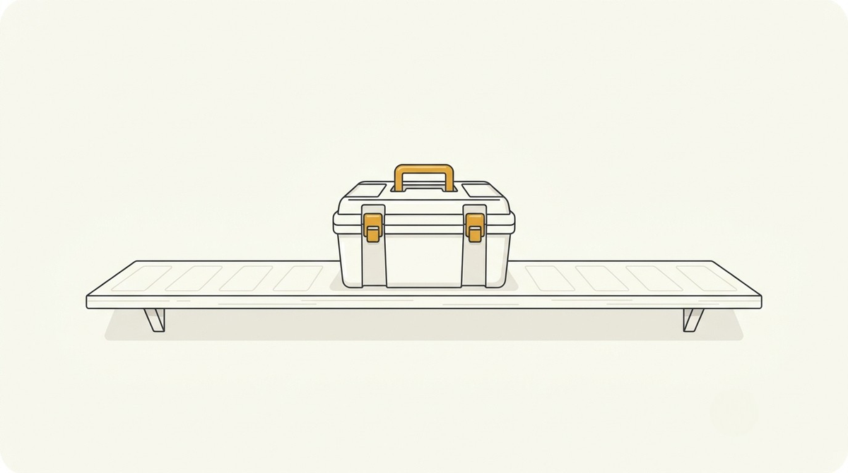 An empty store shelf with one gold-latched toolbox on it, starting a print on demand automation workflow again from zero