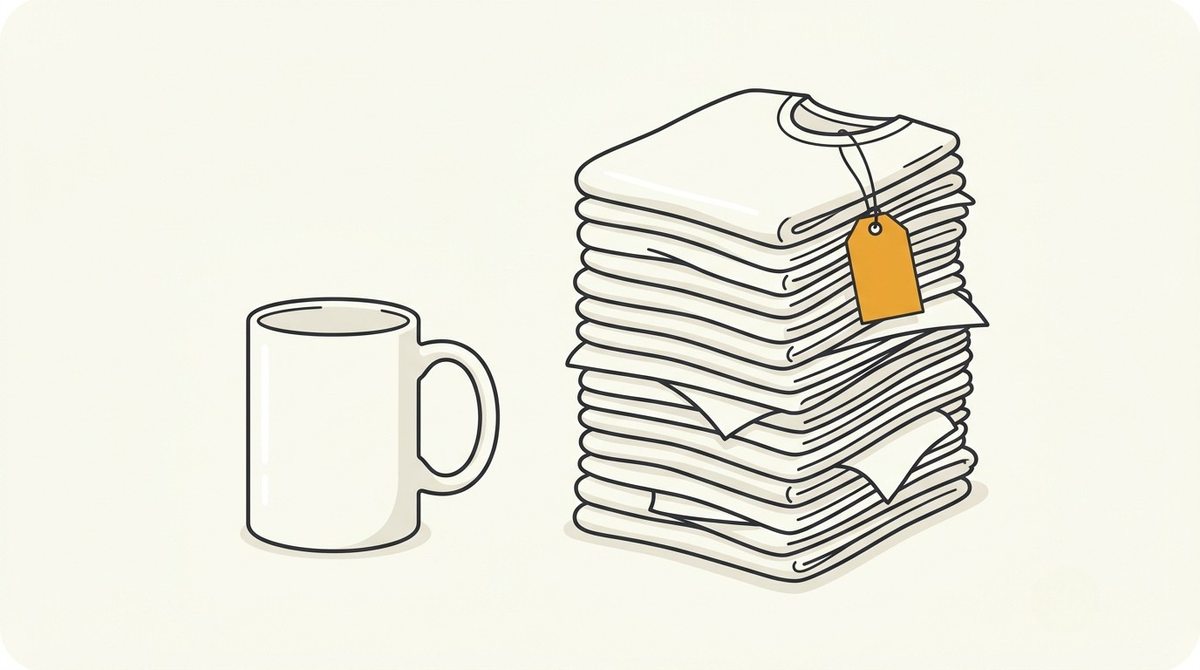 One plain mug beside a tall stack of blank t-shirts, showing how selling print on demand t-shirts on Amazon multiplies listings