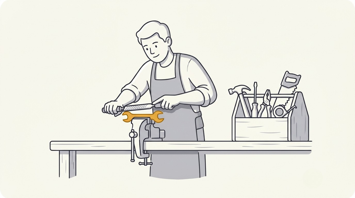 A person at a workbench filing their own tool with a box of shop-bought tools set aside, showing print on demand automation with AI tools I built myself