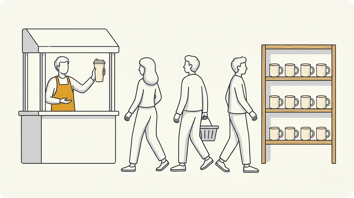 A seller holding up a blank tumbler as shoppers walk past toward a shelf of mugs, showing why print on demand tumblers were not worth it for me