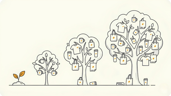 Print on demand trees growing from small to large, bearing products as fruit