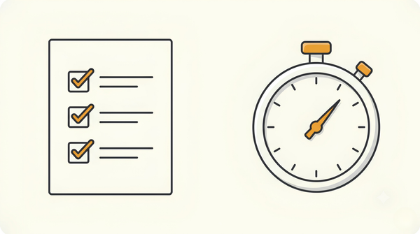 Print on demand setup checklist fully ticked off beside a stopwatch, showing a quick one-afternoon setup