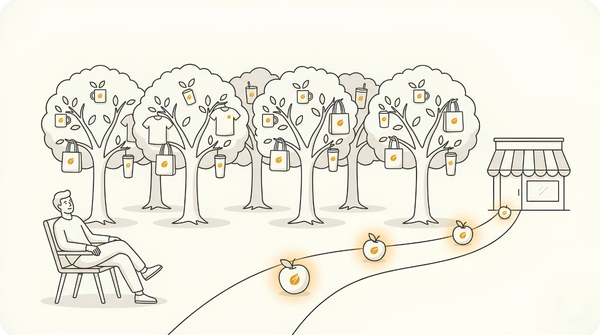Print on demand business running on autopilot, an orchard of trees bearing products that ship on their own