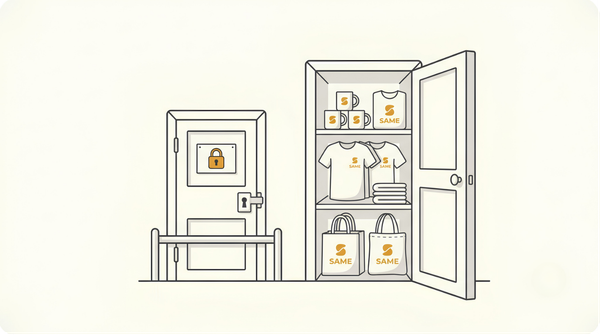 Two doors showing Amazon Merch on Demand vs Seller Central, one locked and one open to unlimited print on demand products