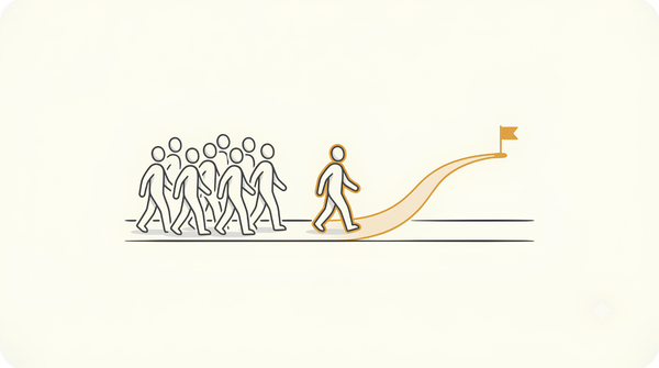 One person taking a gold path branching away from a crowd on the same trail, showing how to stand out when print on demand feels oversaturated