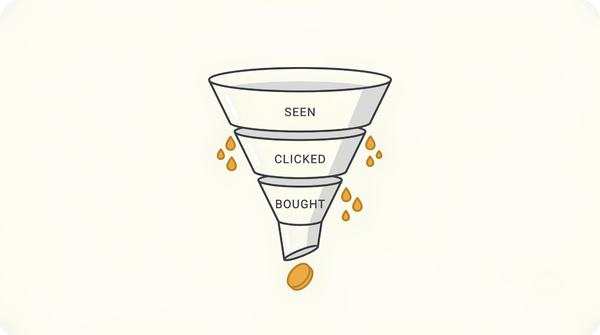 Three-stage funnel showing where a print on demand listing loses sales, from seen to clicked to bought