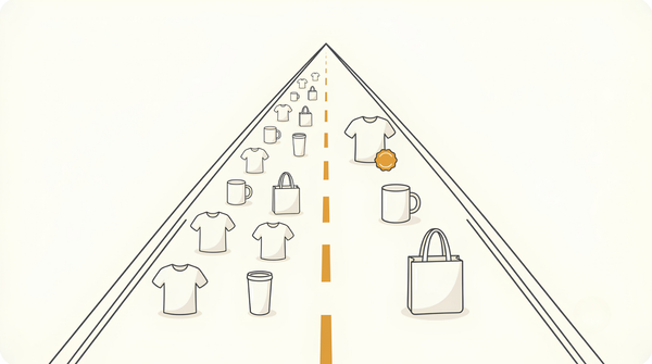 Two-lane road illustration comparing Amazon FBM vs FBA for print on demand, one lane with many small products and one with a few Prime-badged products