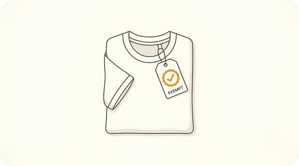 Blank folded t-shirt with a gold exempt seal where a barcode would go, showing a GTIN exemption on Amazon for print on demand