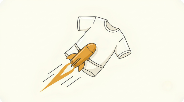 A t-shirt with a rocket booster flying upward, showing Amazon ads pushing a new listing further