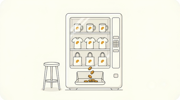 An unattended vending machine still dropping coins into its tray, showing print on demand as passive income that keeps paying with nobody working it