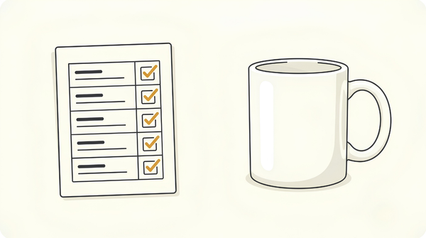 A spreadsheet with every box ticked beside a completely blank mug, showing why you cannot validate a print on demand niche