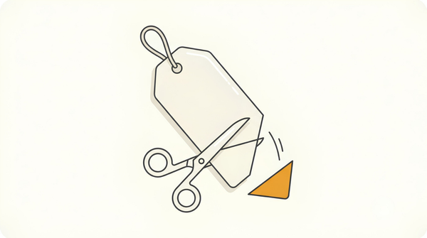 A plain price tag with one corner being cut off by scissors, showing the Etsy Offsite Ads cut on a print on demand sale