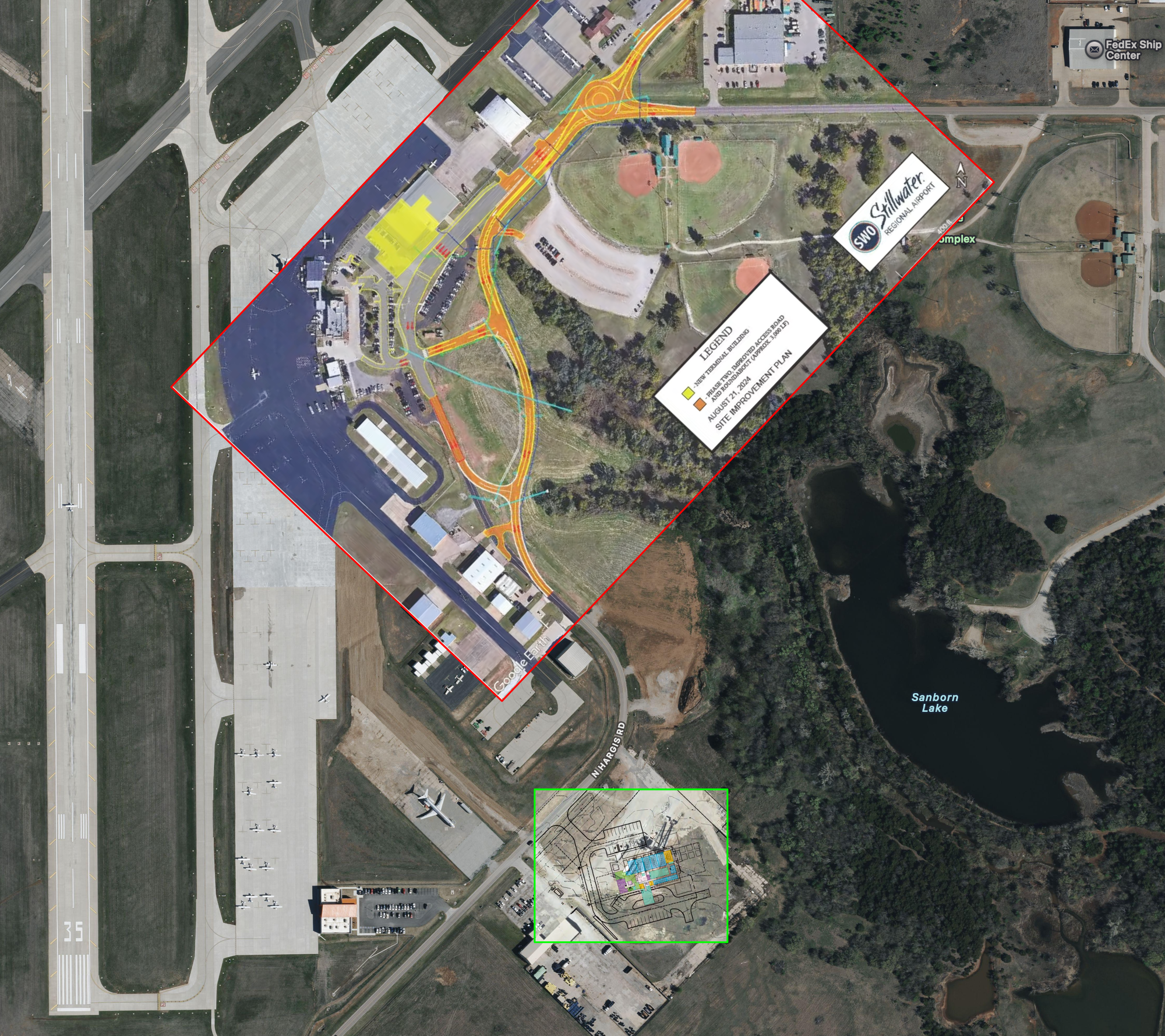 A sallelite map showing the airport in relation to Sanborn Lake with the proposed animal welfare drawing overlaid.