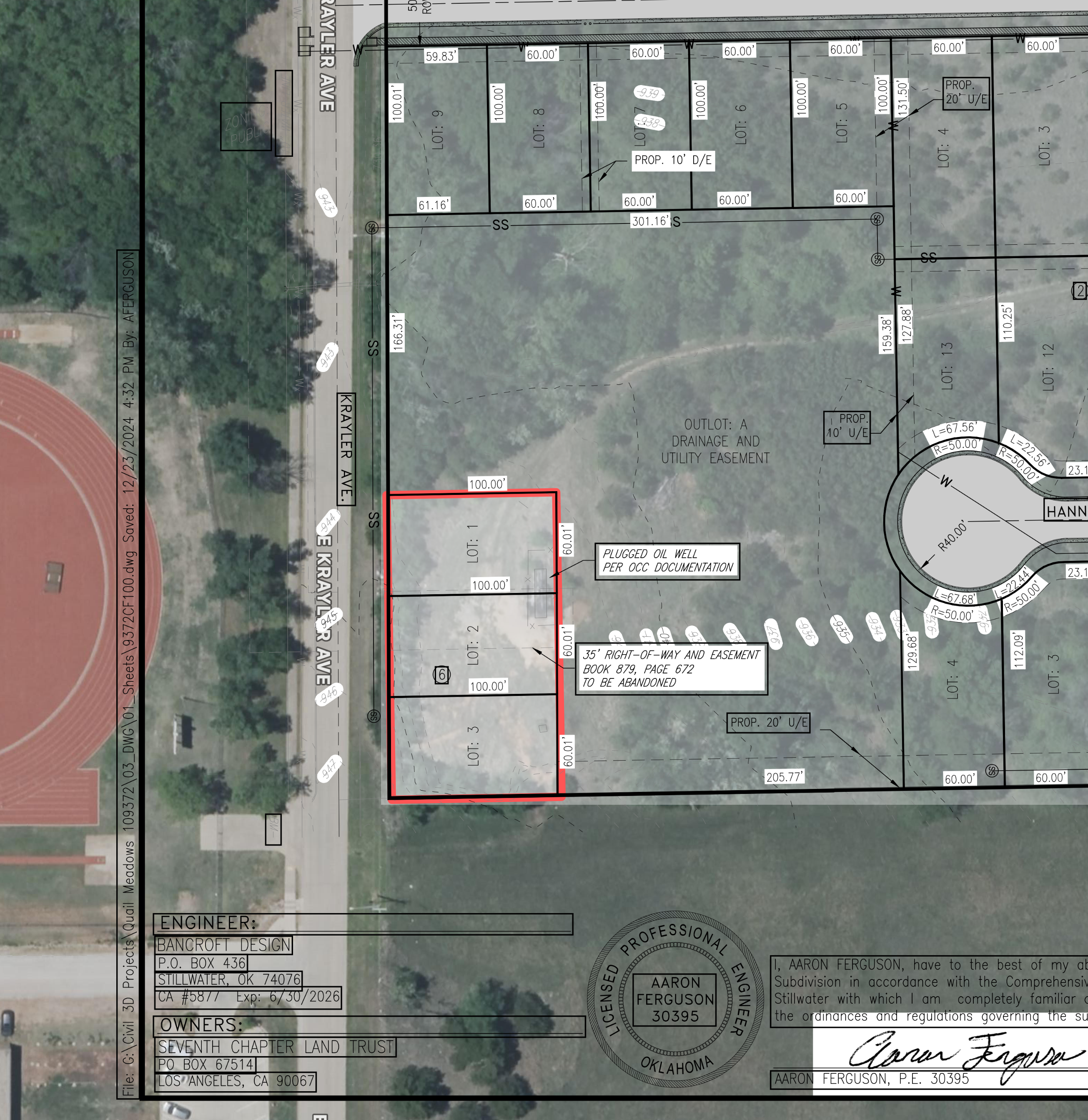 A zoomed in view showing three lots over a satellite image of the plugged oil well.